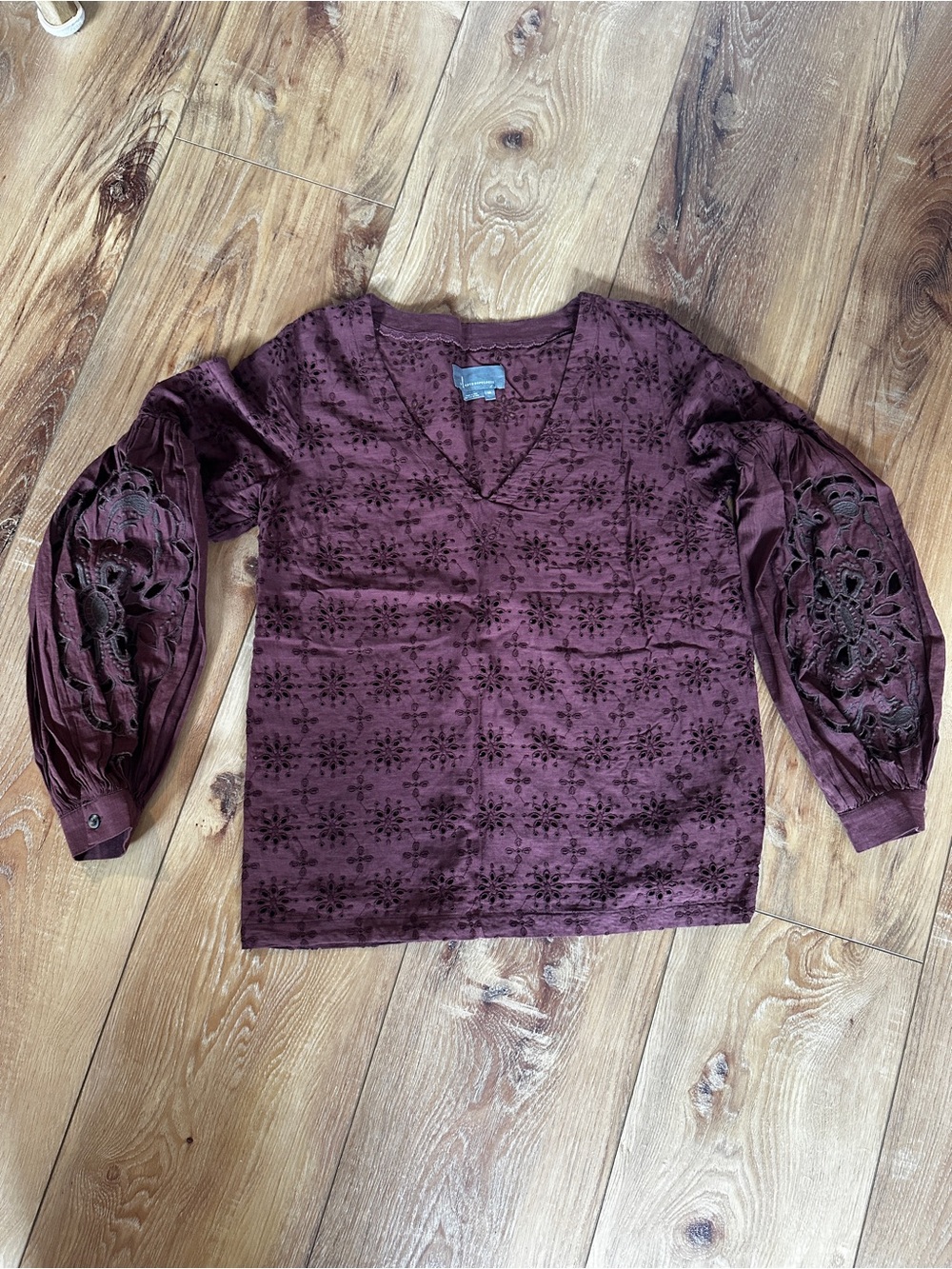 Anthropologie Women's Embroidered V-Neck Blouse - Burgundy XS